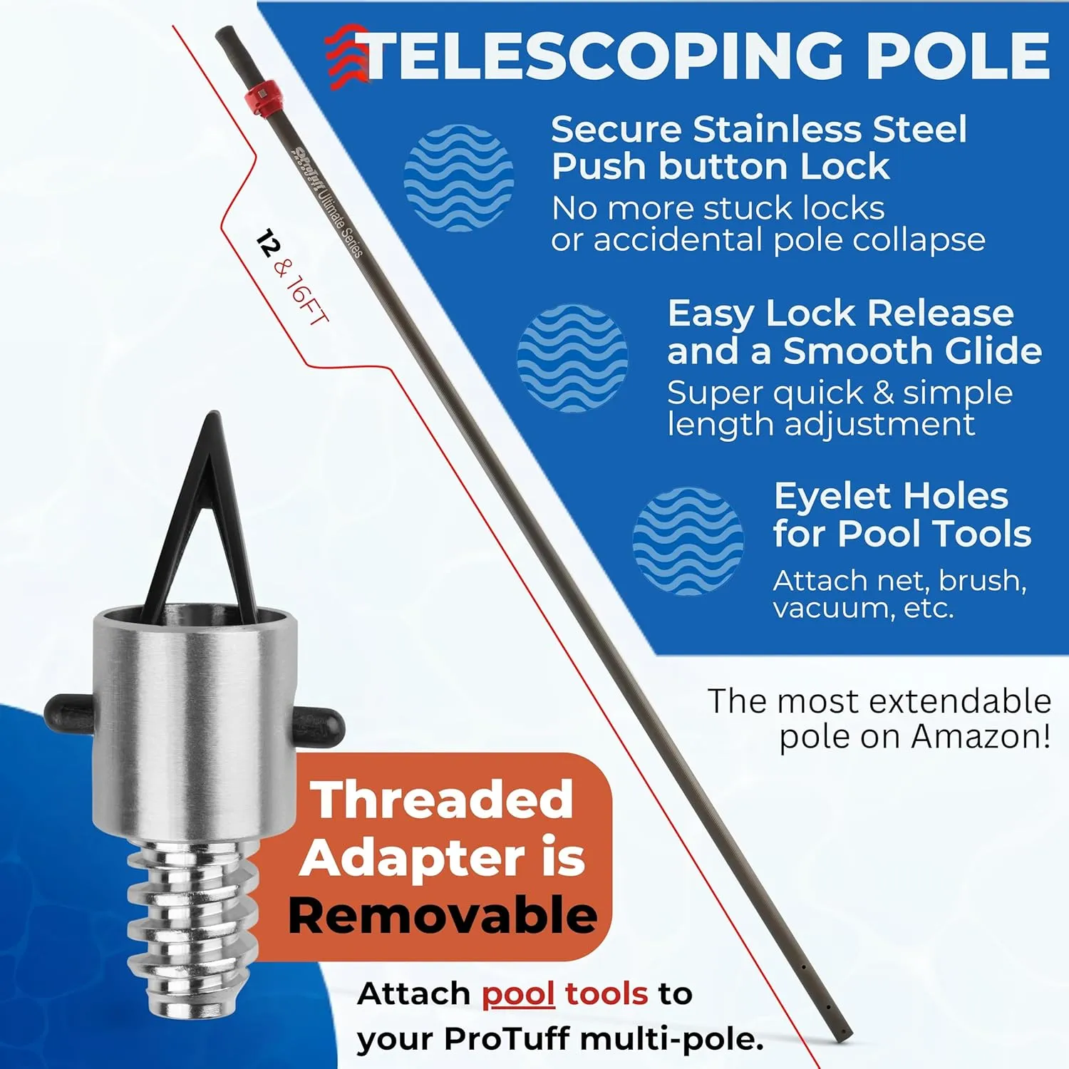 ProTuff Products - 12ft Telescoping Pole Never Sticks or Slips - Totally Covered by Our 490 Promise - A Truly Pro-Grade, Telescopic, All Purpose, Long Paint Roller Extension Pole for Painting, Etc.