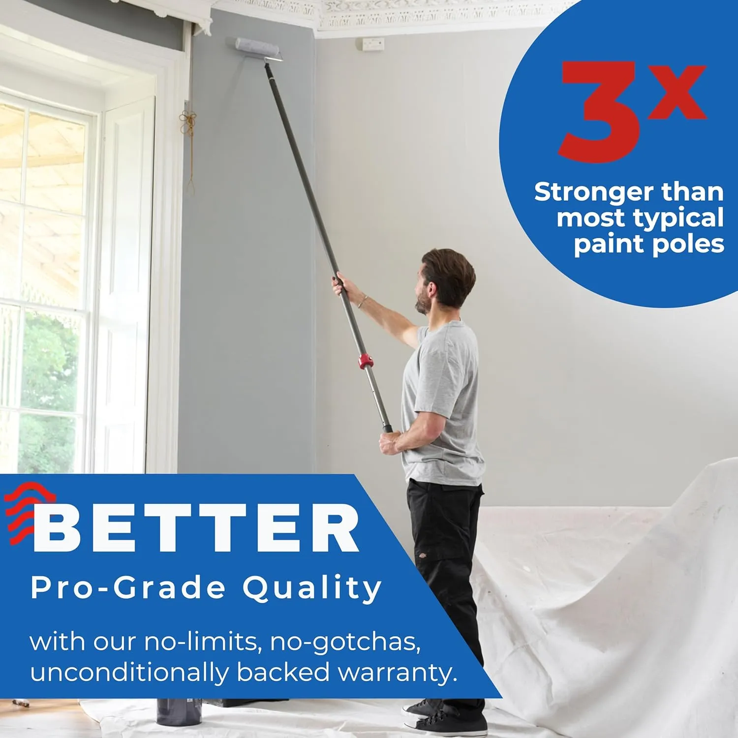 ProTuff Products - 12ft Telescoping Pole Never Sticks or Slips - Totally Covered by Our 490 Promise - A Truly Pro-Grade, Telescopic, All Purpose, Long Paint Roller Extension Pole for Painting, Etc.