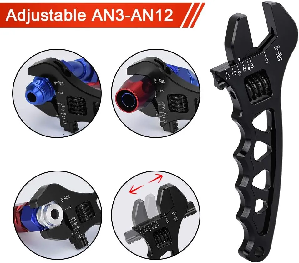 PTNHZ AN Adjustable Wrench Lightweight Aluminum AN3-AN12 Hose Fitting Tool Spanner(Black)
