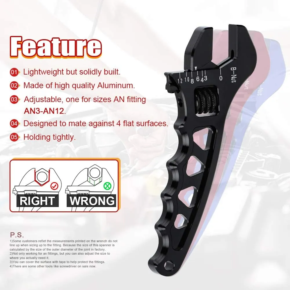 PTNHZ AN Adjustable Wrench Lightweight Aluminum AN3-AN12 Hose Fitting Tool Spanner(Black)
