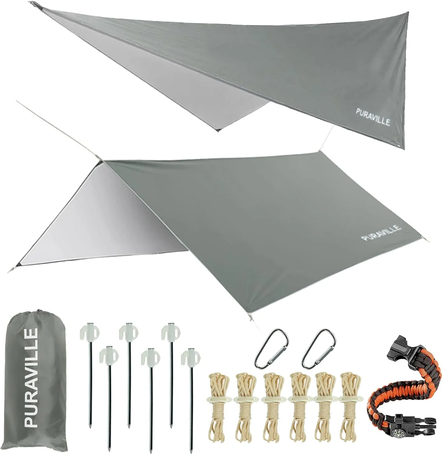 Puraville 10x10 ft Rectangle Lightweight Camping Tarps, Portable Waterproof Hammock Rain Fly Tent Tarp for Camping Backpacking, Grey