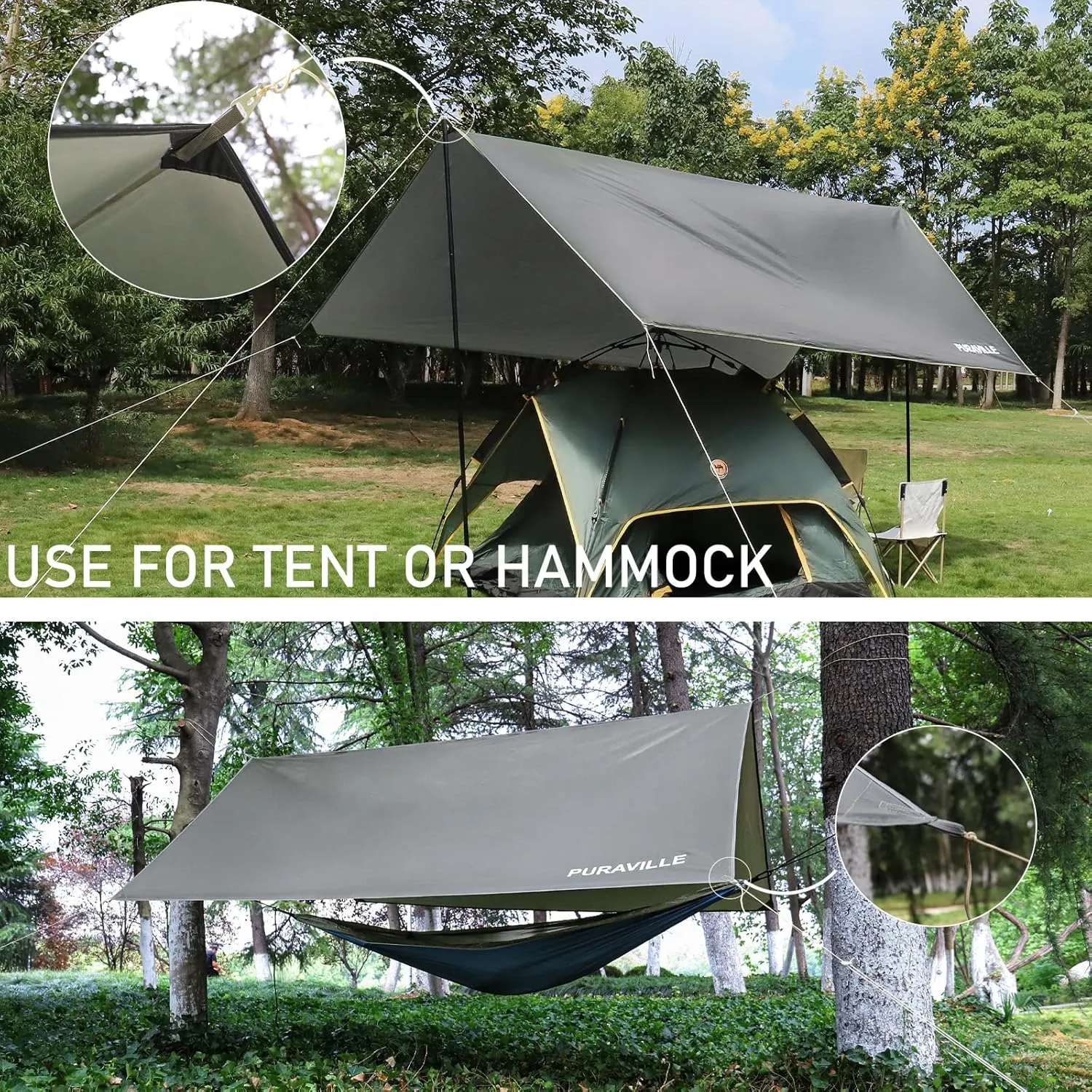 Puraville 10x10 ft Rectangle Lightweight Camping Tarps, Portable Waterproof Hammock Rain Fly Tent Tarp for Camping Backpacking, Grey