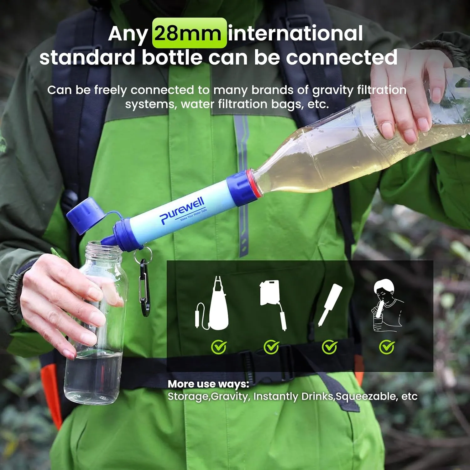 Purewell Outdoor Water Filter Personal Water Filtration Straw Emergency Survival Gear Water Purifier for Camping Hiking Climbing Backpacking