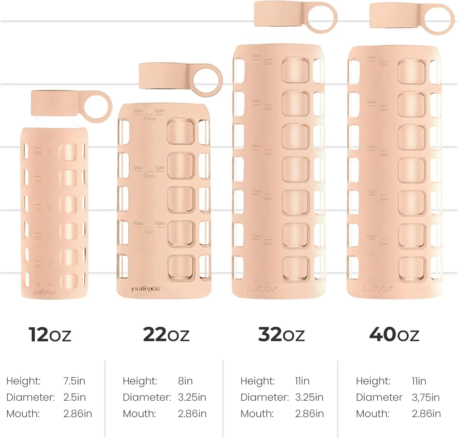 purifyou 40/32/22/12 oz Borosilicate Glass Water Bottles with Volume Markers, Silicone Sleeve, Stainless Steel Lid, Reusable Bottle for Water, Juice, Gym, and Fridge Storage (12oz Hazelnut)