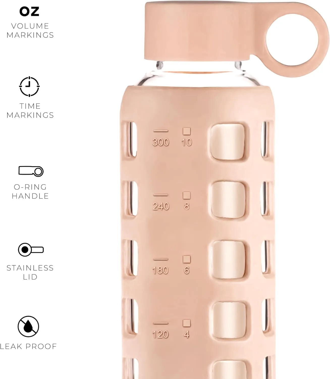 purifyou 40/32/22/12 oz Borosilicate Glass Water Bottles with Volume Markers, Silicone Sleeve, Stainless Steel Lid, Reusable Bottle for Water, Juice, Gym, and Fridge Storage (12oz Hazelnut)