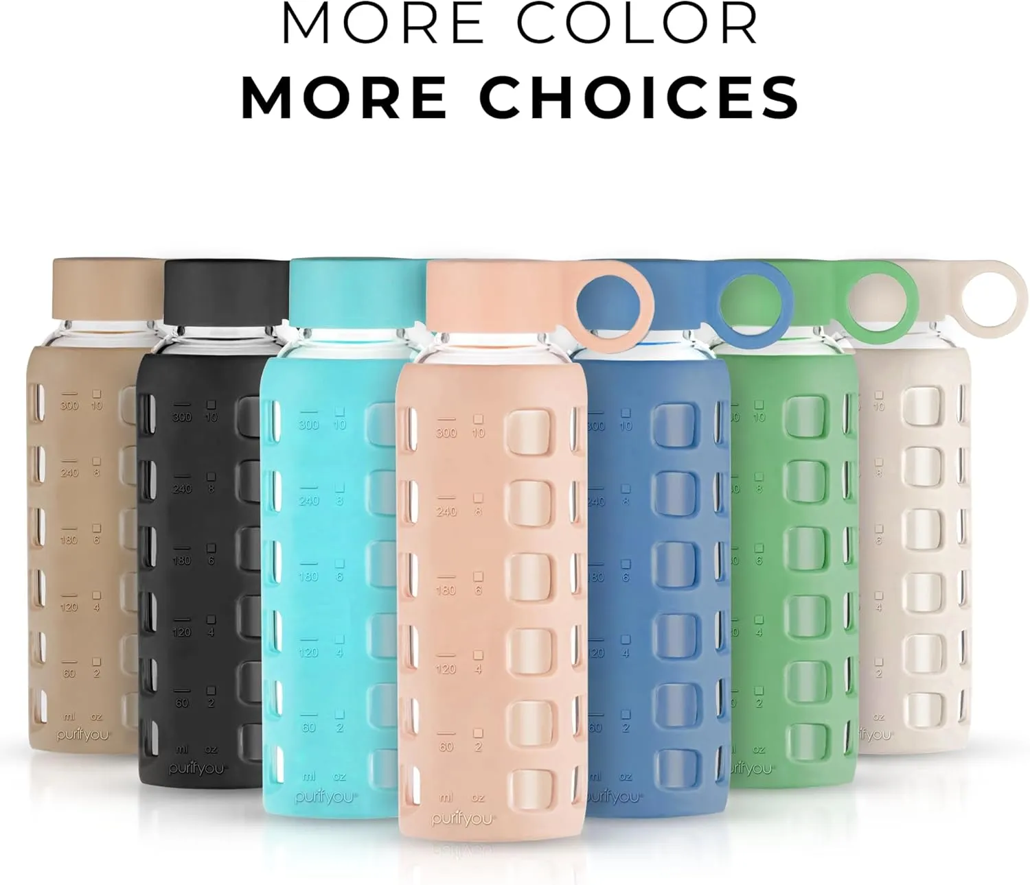 purifyou 40/32/22/12 oz Borosilicate Glass Water Bottles with Volume Markers, Silicone Sleeve, Stainless Steel Lid, Reusable Bottle for Water, Juice, Gym, and Fridge Storage (12oz Hazelnut)