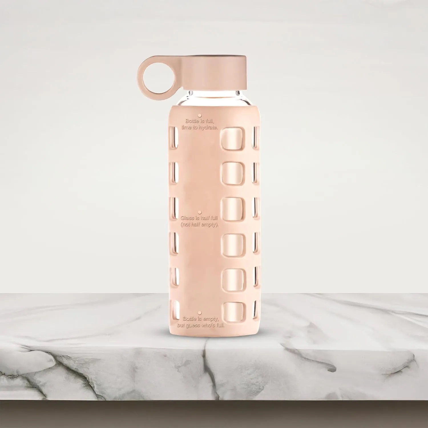 purifyou 40/32/22/12 oz Borosilicate Glass Water Bottles with Volume Markers, Silicone Sleeve, Stainless Steel Lid, Reusable Bottle for Water, Juice, Gym, and Fridge Storage (12oz Hazelnut)