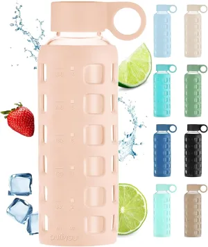 purifyou 40/32/22/12 oz Borosilicate Glass Water Bottles with Volume Markers, Silicone Sleeve, Stainless Steel Lid, Reusable Bottle for Water, Juice, Gym, and Fridge Storage (12oz Hazelnut)