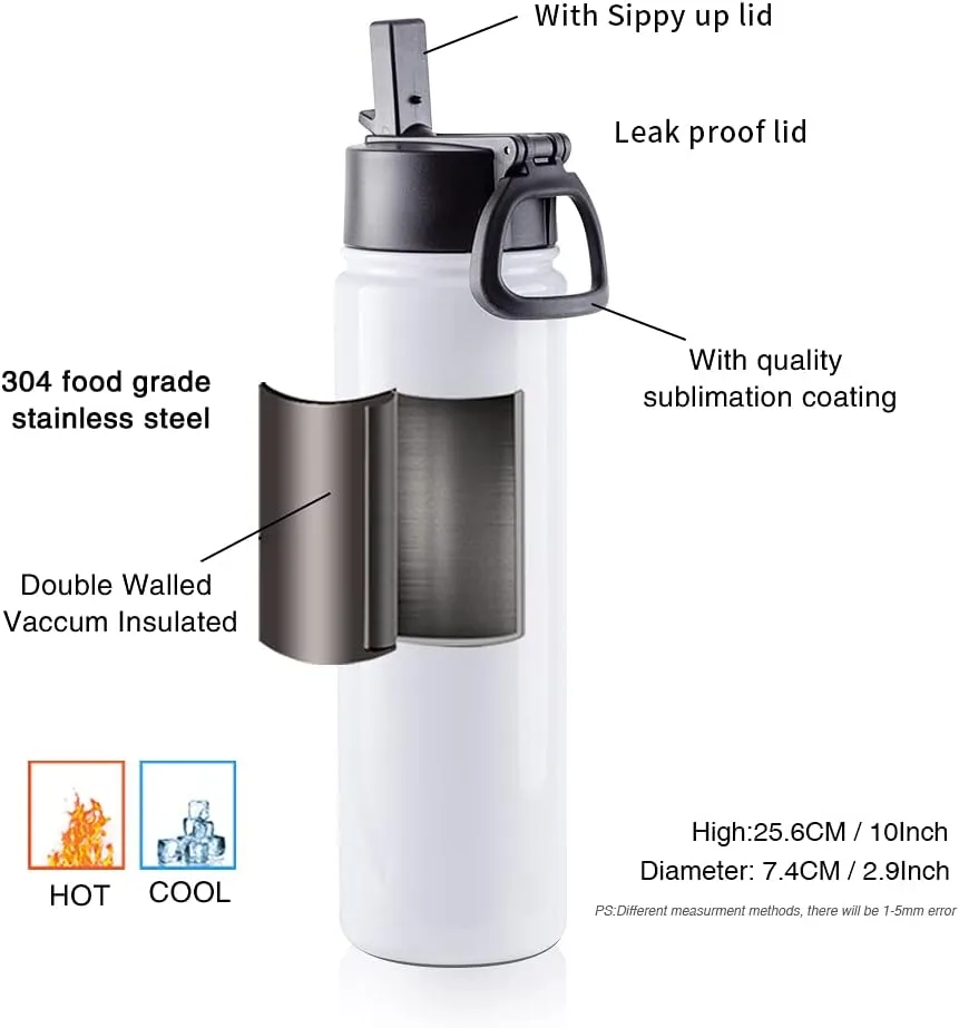 PYD Life 4 Pack Sublimation Blank Tumbler 22 OZ Sports Wide Mouth Stainless Steel Water Bottle Vacuum Flask with Straw and Portable Handle for Tumbler Press Machine Sublimation Print