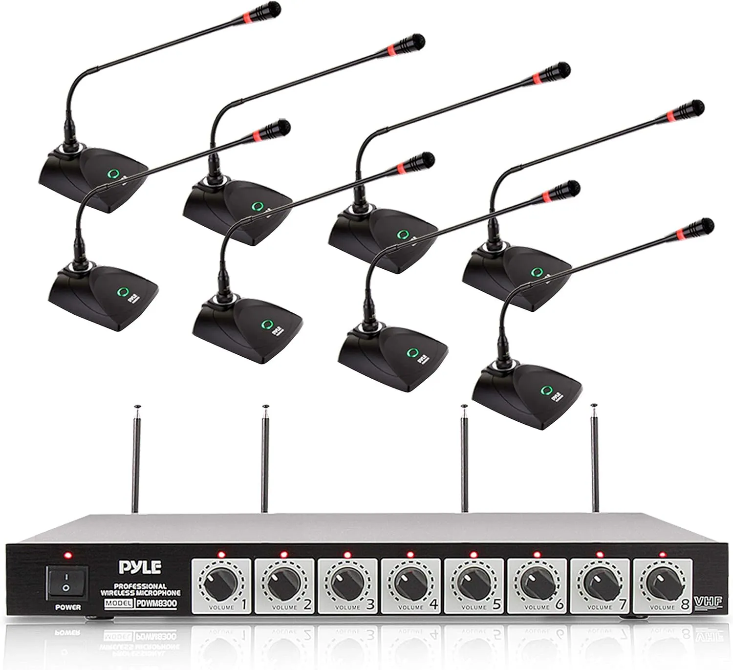Pyle 8 Channel Wireless Microphone System - Portable VHF Cordless Audio Mic Set with 1/4" and XLR Output, Dual Antenna, - Includes 8 Table Top Mics, Rack Mountable Receiver Base - Pyle PDWM8300,Black