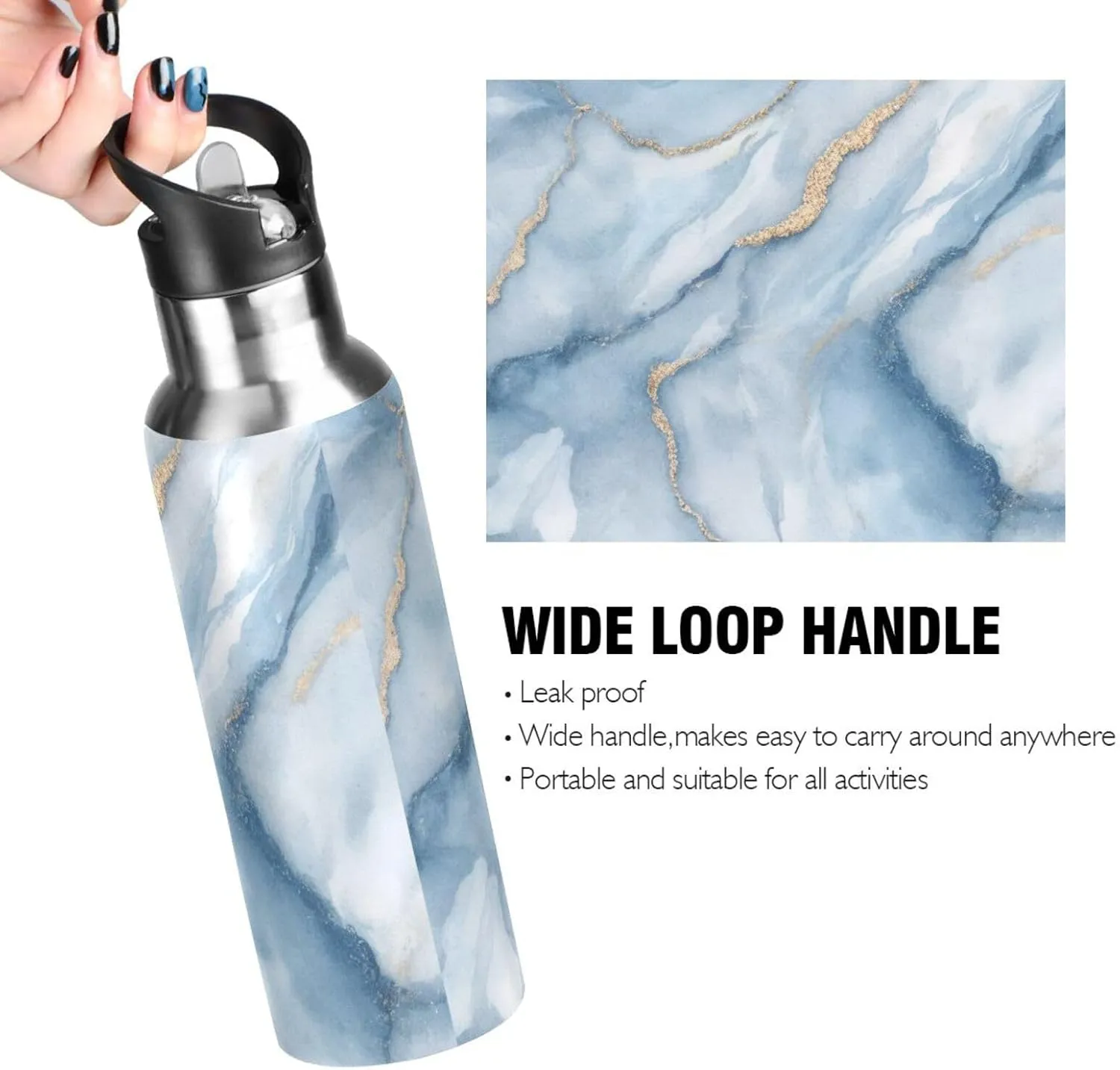 Qilmy Black and White Leopard Water Bottle Vacuum Insulated Stainless Steel Water Bottles with Straw Lid Leakproof Wide Mouth Water Flask for Fitness Outdoor Sports, 20 oz