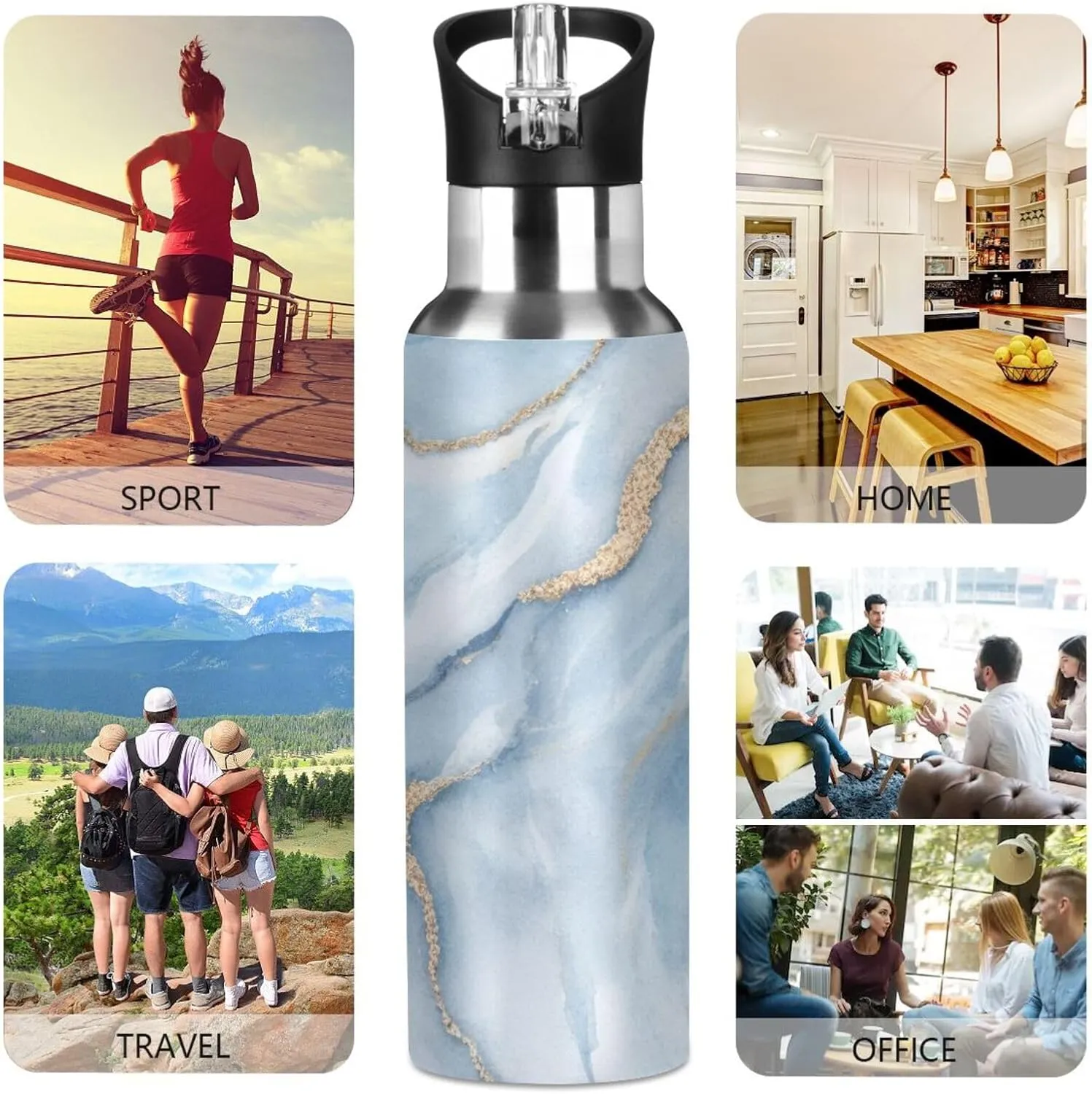 Qilmy Black and White Leopard Water Bottle Vacuum Insulated Stainless Steel Water Bottles with Straw Lid Leakproof Wide Mouth Water Flask for Fitness Outdoor Sports, 20 oz