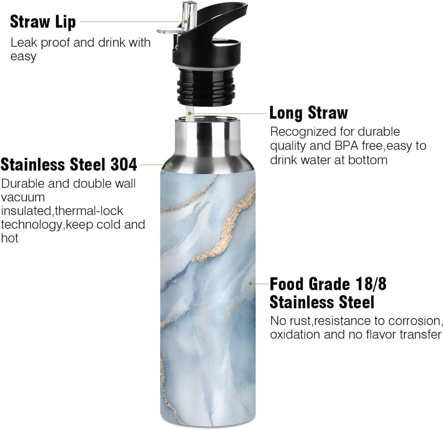 Qilmy Black and White Leopard Water Bottle Vacuum Insulated Stainless Steel Water Bottles with Straw Lid Leakproof Wide Mouth Water Flask for Fitness Outdoor Sports, 20 oz