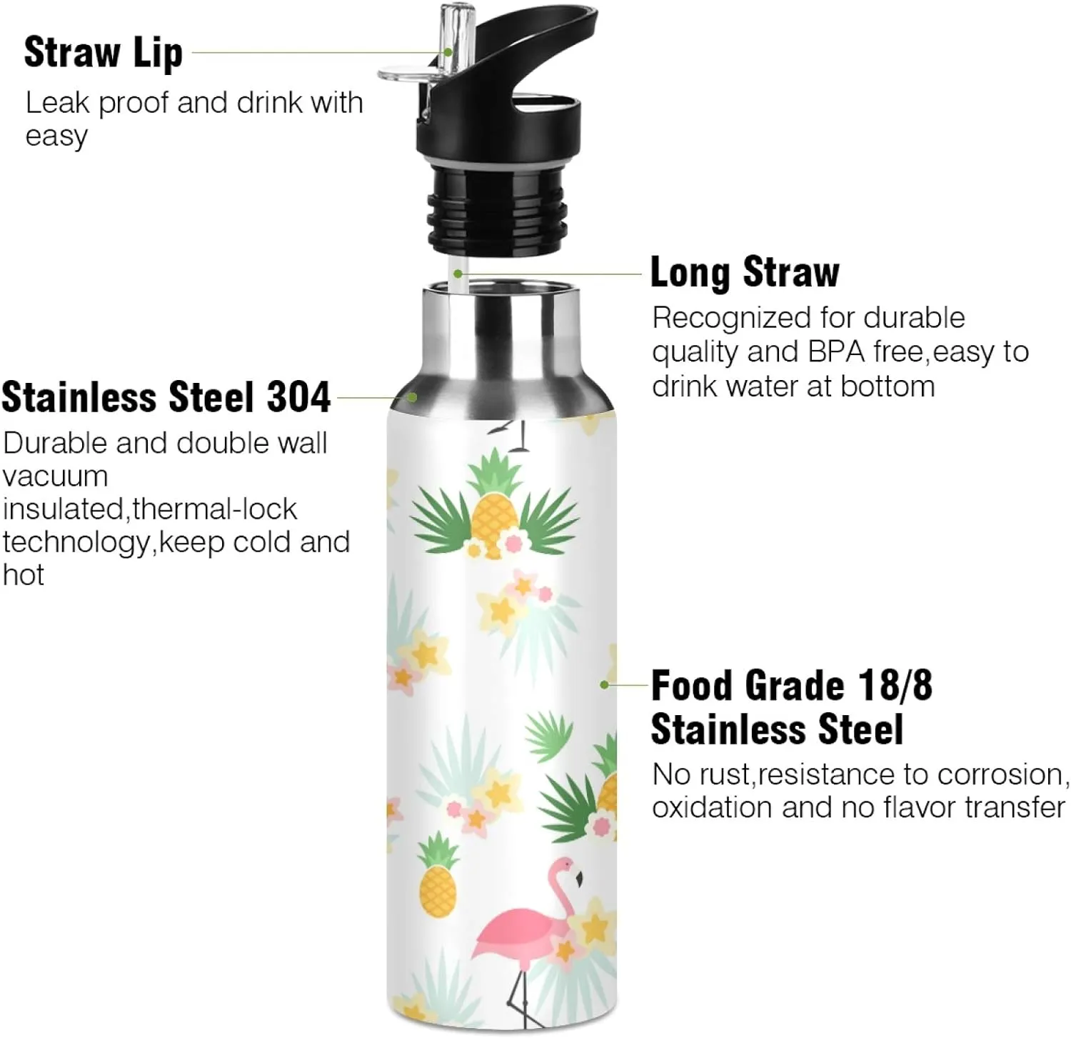 Qilmy Black and White Leopard Water Bottle Vacuum Insulated Stainless Steel Water Bottles with Straw Lid Leakproof Wide Mouth Water Flask for Fitness Outdoor Sports, 20 oz