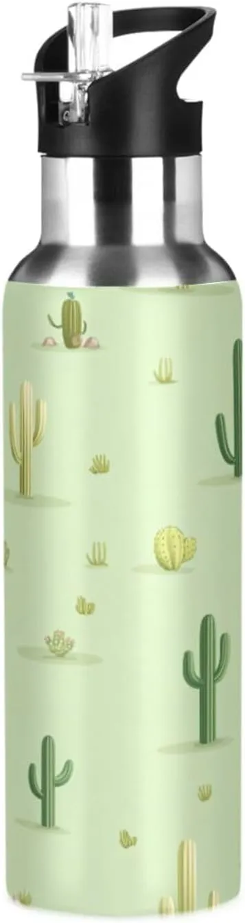Qilmy Cactus Pattern Sport Water Bottle with Straw Lid Double Wall Vacuum Insulated Flask Stainless Steel Water Bottle 20 oz