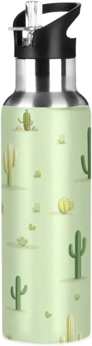 Qilmy Cactus Pattern Sport Water Bottle with Straw Lid Double Wall Vacuum Insulated Flask Stainless Steel Water Bottle 20 oz
