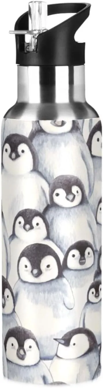 Qilmy Cute Penguins Sport Water Bottle with Straw Lid Double Wall Vacuum Insulated Flask Stainless Steel Water Bottle 20 oz