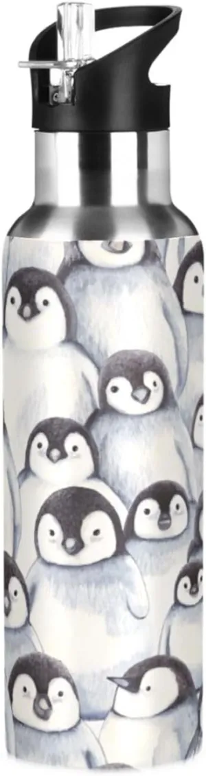 Qilmy Cute Penguins Sport Water Bottle with Straw Lid Double Wall Vacuum Insulated Flask Stainless Steel Water Bottle 20 oz