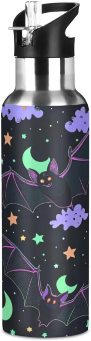 Qilmy Halloween Bat Sport Water Bottle with Straw Lid Double Wall Vacuum Insulated Flask Stainless Steel Water Bottle 20 oz
