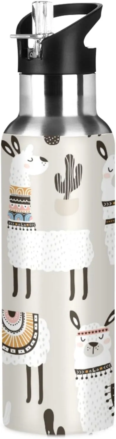 Qilmy Llama Sport Water Bottle with Straw Lid Double Wall Vacuum Insulated Flask Stainless Steel Water Bottle 20 oz
