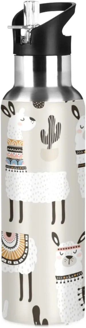 Qilmy Llama Sport Water Bottle with Straw Lid Double Wall Vacuum Insulated Flask Stainless Steel Water Bottle 20 oz