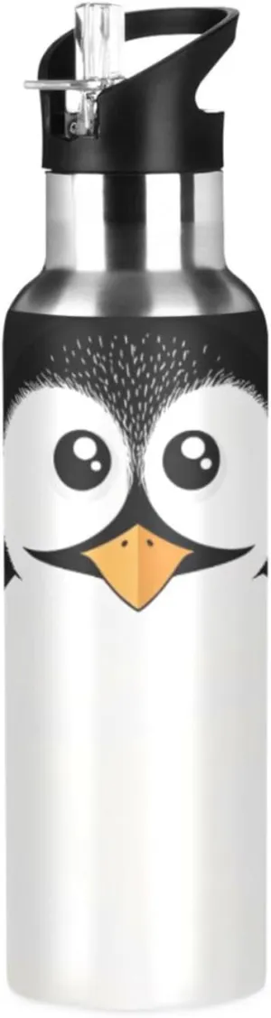 Qilmy Penguin Face Sport Water Bottle with Straw Lid Double Wall Vacuum Insulated Flask Stainless Steel Water Bottle 20 oz