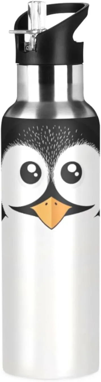 Qilmy Penguin Face Sport Water Bottle with Straw Lid Double Wall Vacuum Insulated Flask Stainless Steel Water Bottle 20 oz