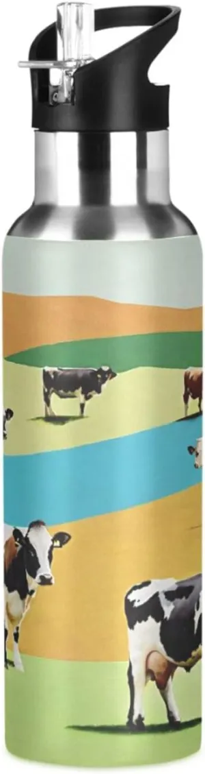 Qilmy Rainbow Cow Sport Water Bottle with Straw Lid Double Wall Vacuum Insulated Flask Stainless Steel Water Bottle 20 oz