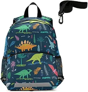QUGRL Dinosaurs Tropical Kids Backpack with Leash Harness Cartoon Dino Toddler Backpack for Boys Kindergarten Child Schoolbag Preschool Nursery Baby Travel Bag 3-8 Years