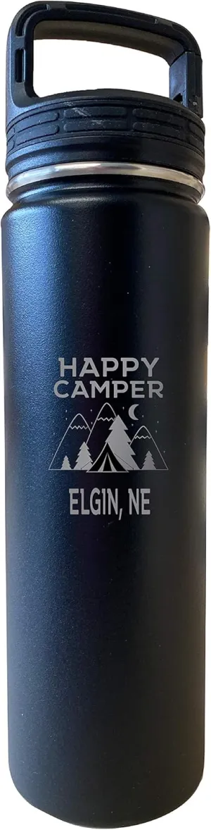 R and R Imports Elgin Nebraska Happy Camper 32 Oz Engraved Black Insulated Double Wall Stainless Steel Water Bottle Tumbler