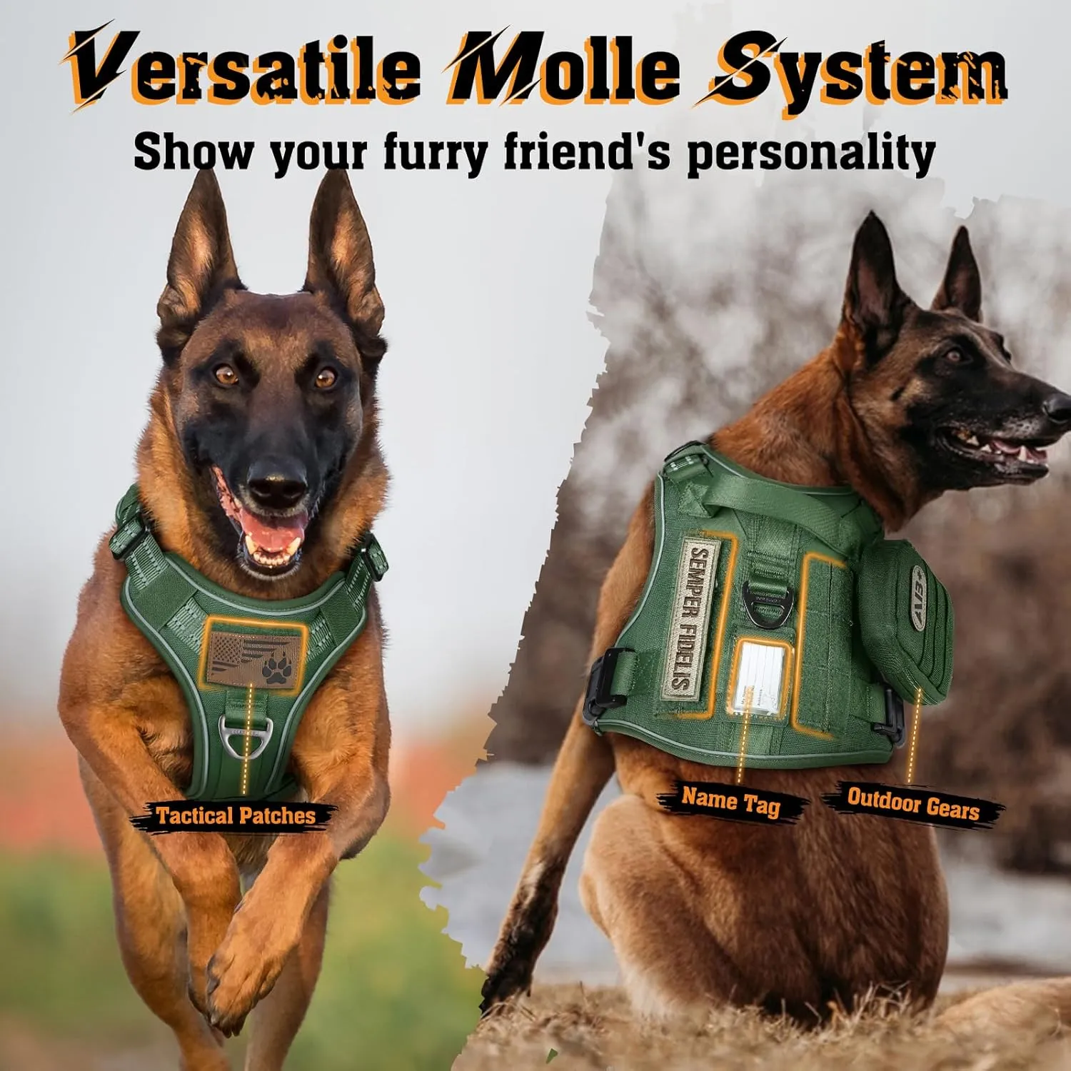 rabbitgoo Dog Harness for Large Dogs No Pull, Tactical Service Pet Vest with Molle and Control Handle, Adjustable and Reflective Military Harness for Easy Walking and Training, Green, XL