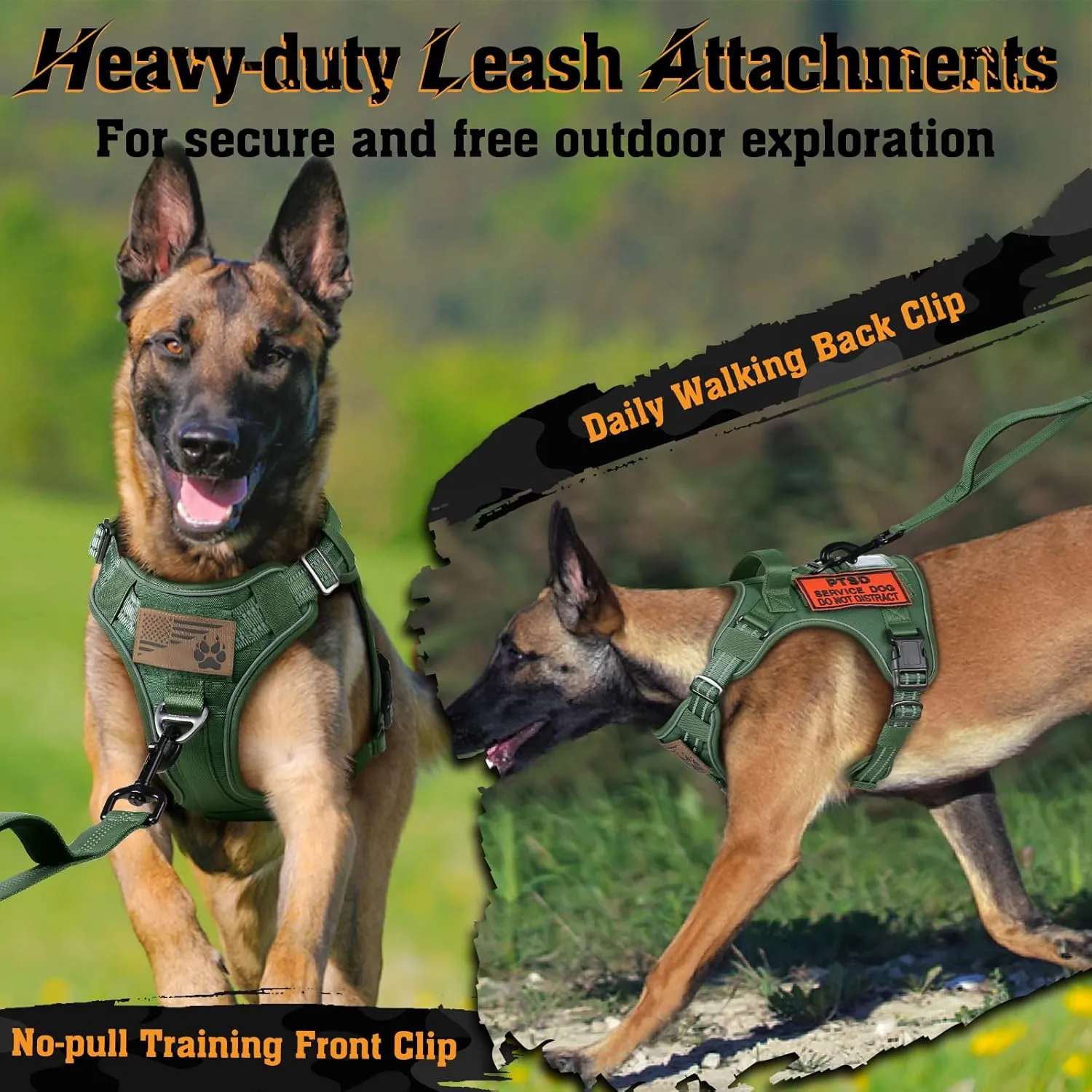 rabbitgoo Dog Harness for Large Dogs No Pull, Tactical Service Pet Vest with Molle and Control Handle, Adjustable and Reflective Military Harness for Easy Walking and Training, Green, XL