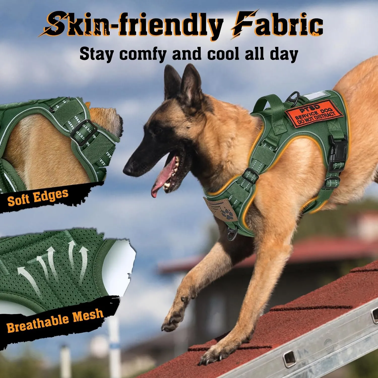 rabbitgoo Dog Harness for Large Dogs No Pull, Tactical Service Pet Vest with Molle and Control Handle, Adjustable and Reflective Military Harness for Easy Walking and Training, Green, XL