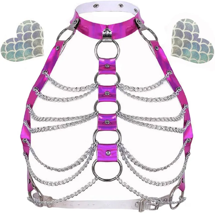 Rave Hologram Body Chest Harness Cage Bra Choker Chain Belts Body Costume with Pasties for Music Festival Roleplay Clubwear