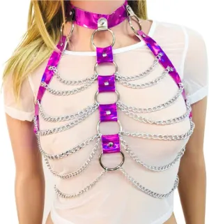 Rave Hologram Body Chest Harness Cage Bra Choker Chain Belts Body Costume with Pasties for Music Festival Roleplay Clubwear