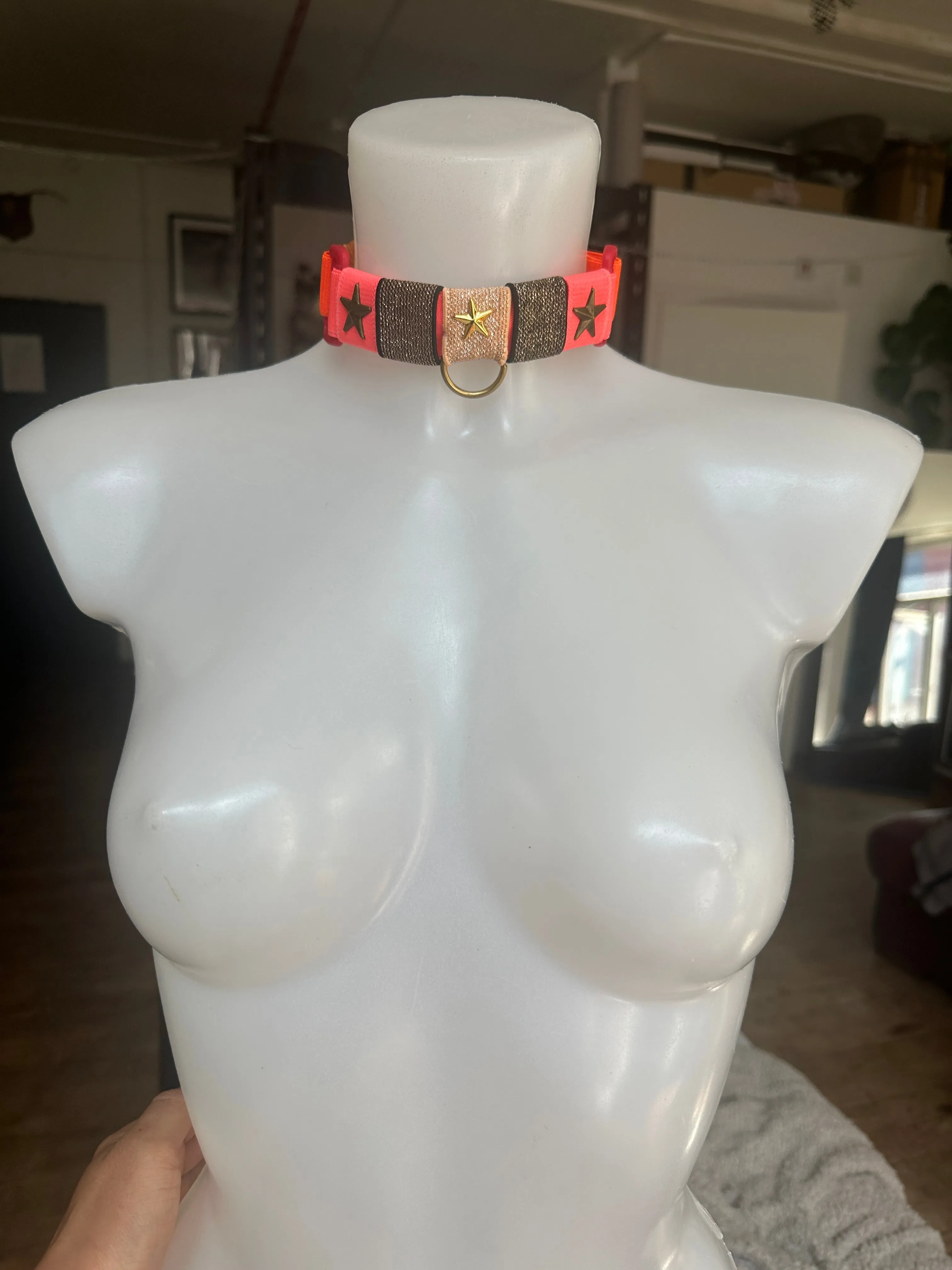 RAVE RUBIX CHOKER - Hand dyed in shades of Neon /Pink - WITH STARS-FITS ALL - SAMPLE