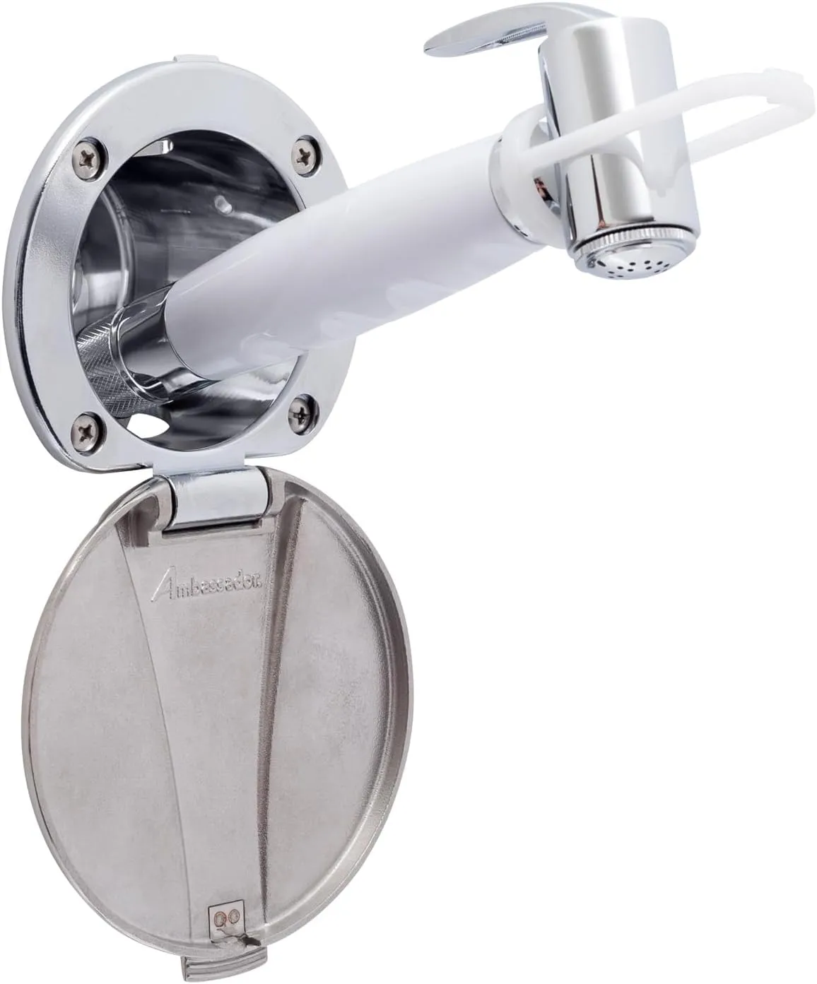Recessed Shower- Chrome Cup with Stainless Steel Lid, Hammer-Head Arctic White Sprayer, 6' Stainless Steel Hose - 136-0043-CA-W