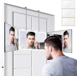 Rechargeable 3 Way Mirror with 3 Colors Light for Self Hair Cutting, Adjustable Trifold Barber Mirror with Telescoping Hooks for Men Shaving Women Dyeing