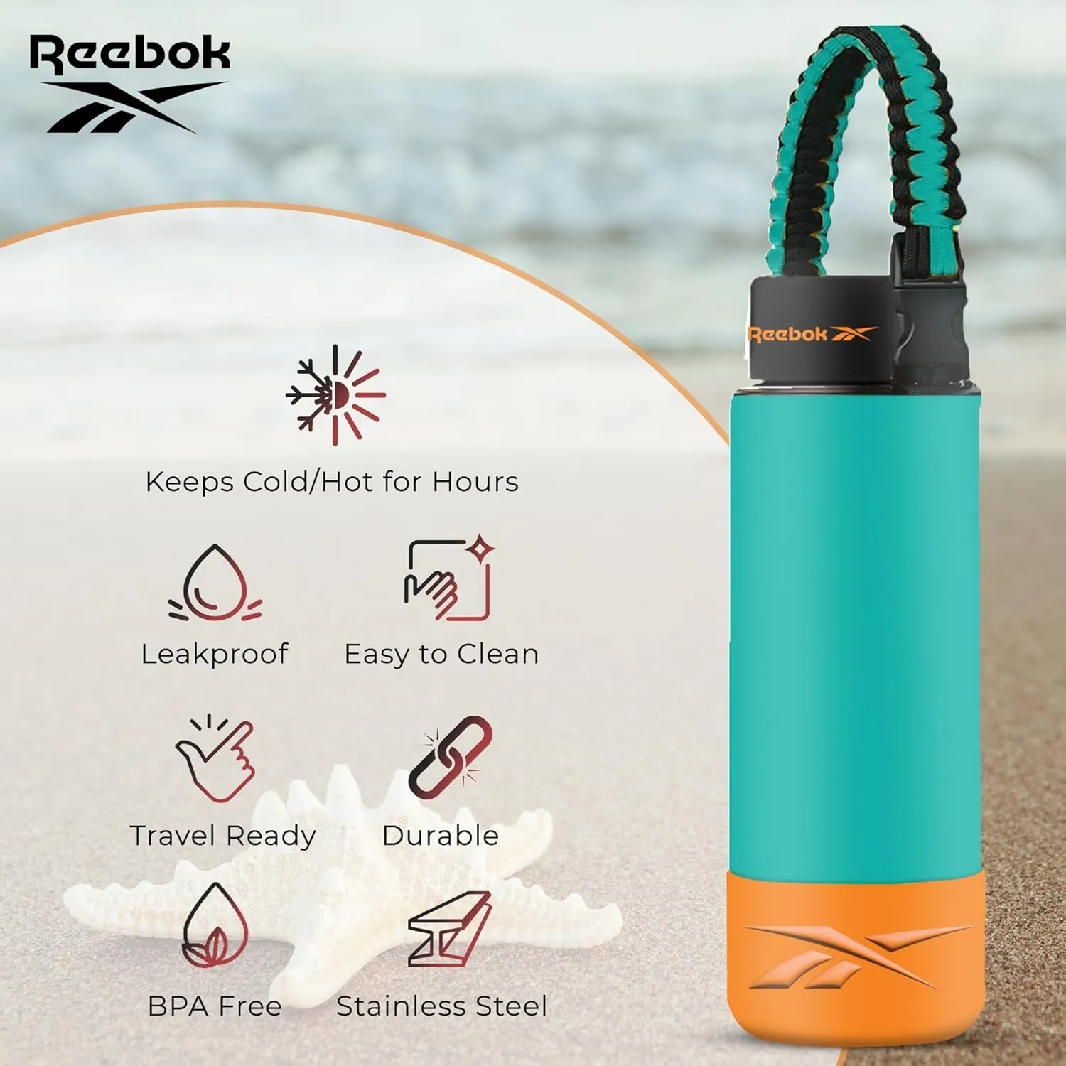Reebok Stainless Steel Sports Water Bottle | Double Wall Vacuum Insulated, Leakproof, BPA Free with Paracord Handle | Ideal for Work, Travel, Outdoor, Gym (Pack of 1, 32 oz., Teal)