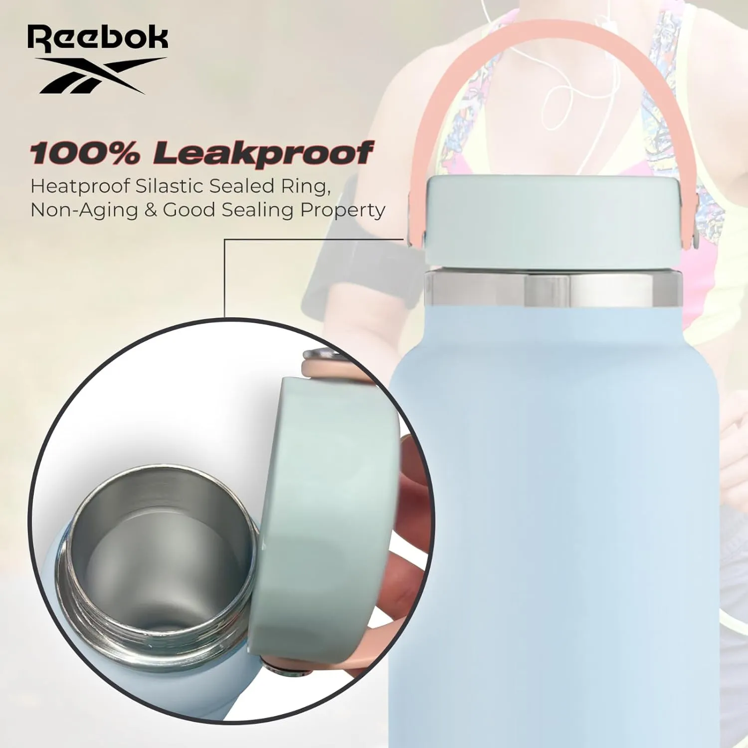 Reebok Stainless Steel Wide Mouth Water Bottle With Flex Cap For Outdoor - 32 oz - Double Wall Vacuum Insulated Sports Water Bottle With Silicone Sleeves, BPA Free (Blue)
