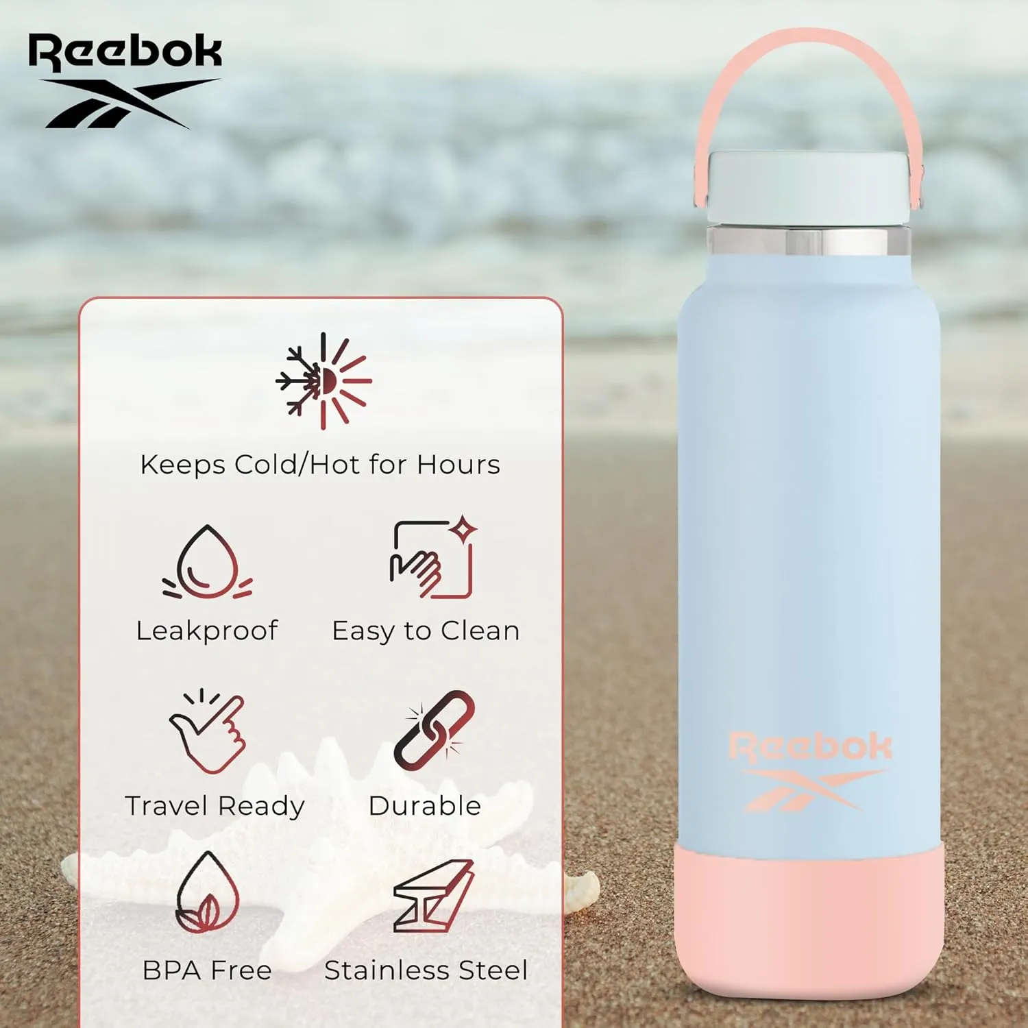 Reebok Stainless Steel Wide Mouth Water Bottle With Flex Cap For Outdoor - 32 oz - Double Wall Vacuum Insulated Sports Water Bottle With Silicone Sleeves, BPA Free (Blue)