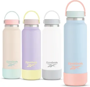 Reebok Stainless Steel Wide Mouth Water Bottle With Flex Cap For Outdoor - 32 oz - Double Wall Vacuum Insulated Sports Water Bottle With Silicone Sleeves, BPA Free (Blue)