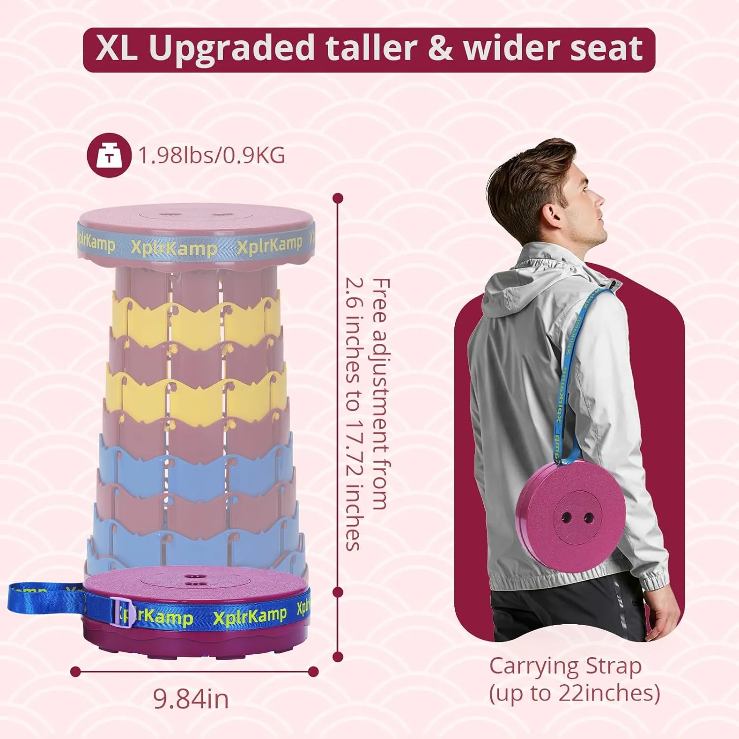 Retractable Folding Stool - Heavy Duty 400 lb Collapsible Portable Stool for Camping, Hiking, Fishing, Indoor/Outdoor with Non-Slip Base and Lightweight Design (Purple Yellow, 2-Pack)