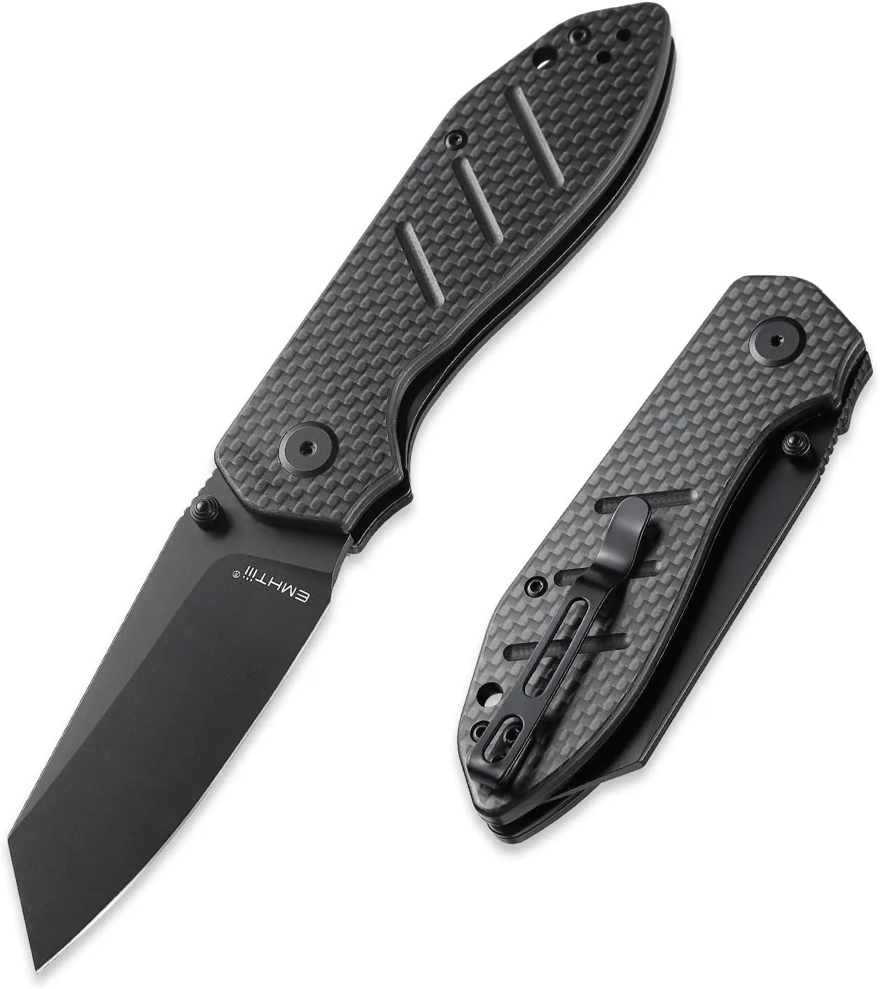 Reverse Tanto Pocket Folding Knife - 3.14" D2 Steel Blade, G10 Carbon Fiber Handle with Liner Lock, Thumb Stud, Reversible Clip, EDC Tactical Camping Knives for Men & Women E034, Black