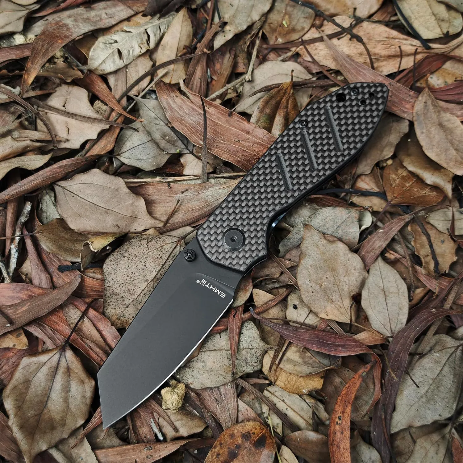 Reverse Tanto Pocket Folding Knife - 3.14" D2 Steel Blade, G10 Carbon Fiber Handle with Liner Lock, Thumb Stud, Reversible Clip, EDC Tactical Camping Knives for Men & Women E034, Black