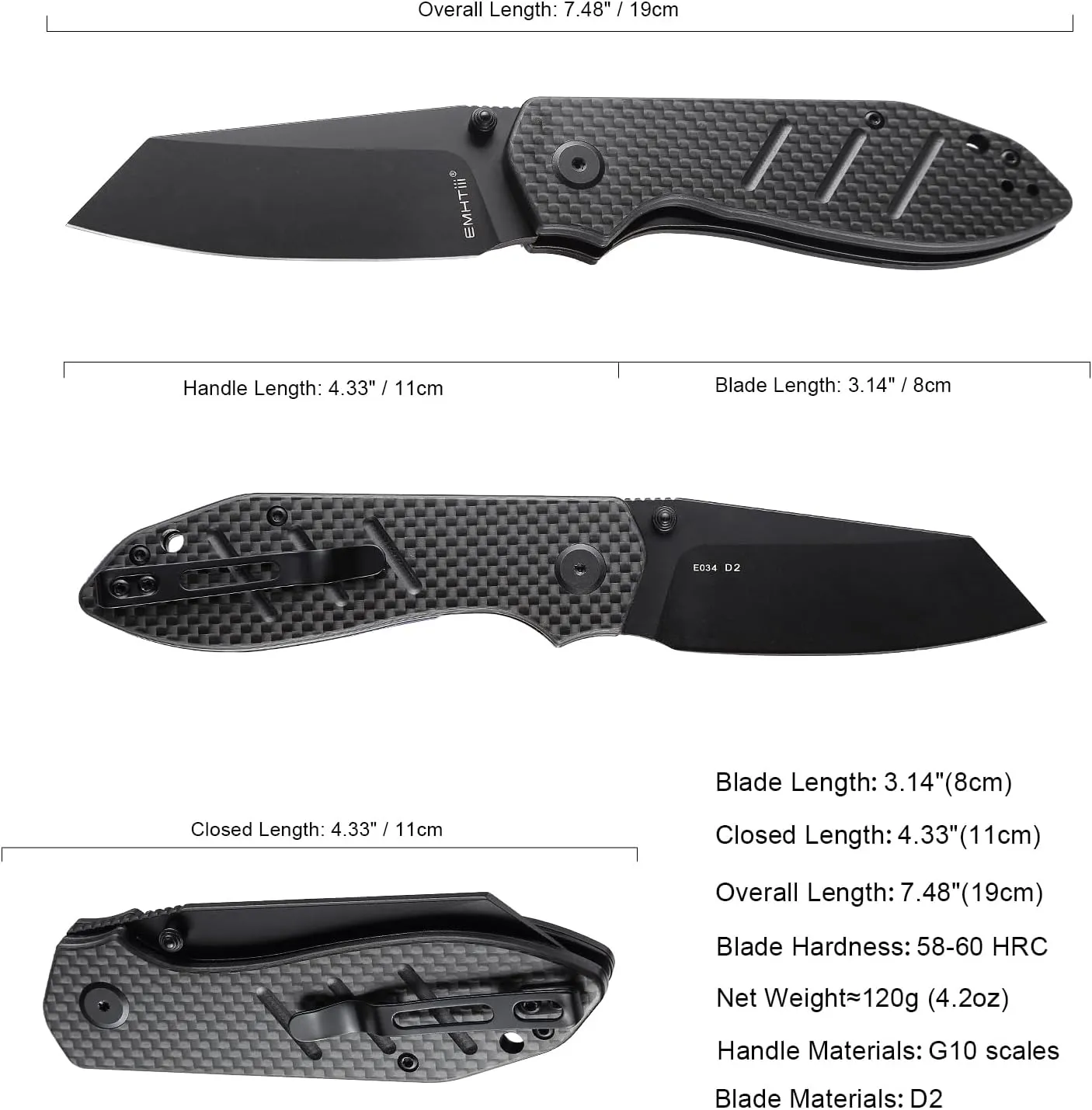 Reverse Tanto Pocket Folding Knife - 3.14" D2 Steel Blade, G10 Carbon Fiber Handle with Liner Lock, Thumb Stud, Reversible Clip, EDC Tactical Camping Knives for Men & Women E034, Black