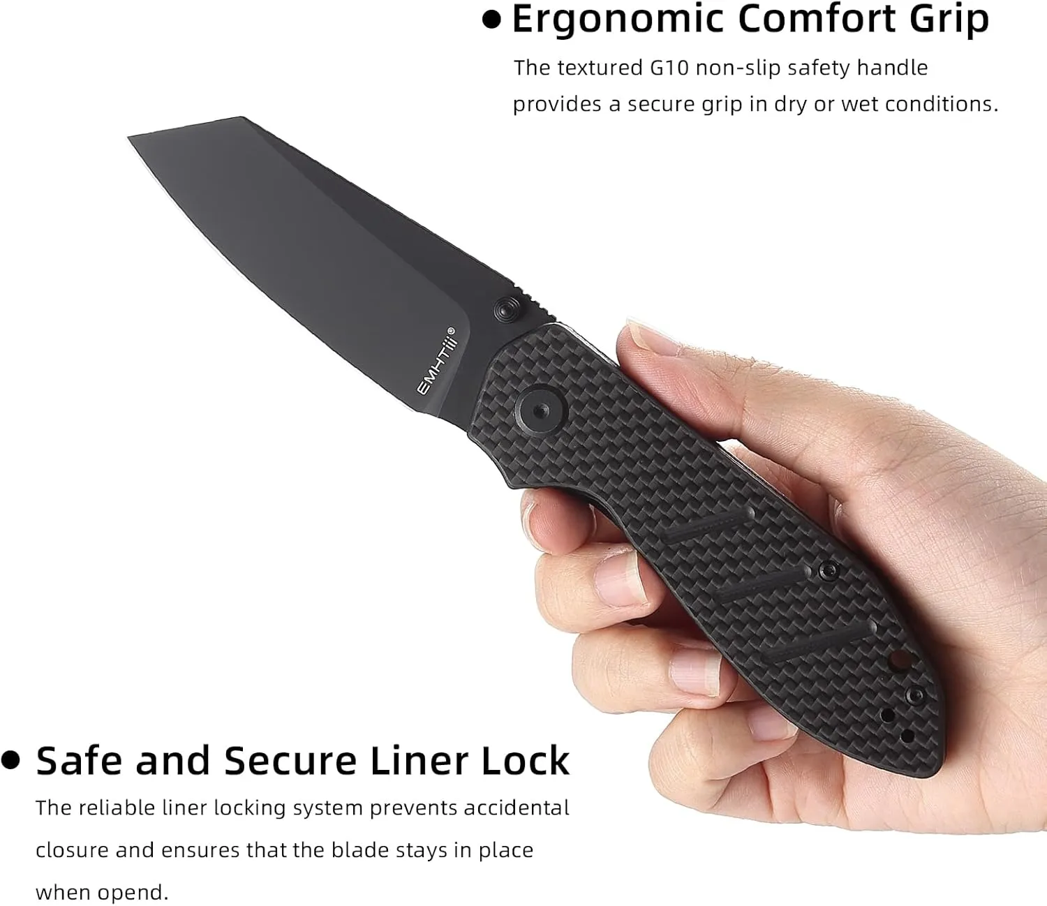 Reverse Tanto Pocket Folding Knife - 3.14" D2 Steel Blade, G10 Carbon Fiber Handle with Liner Lock, Thumb Stud, Reversible Clip, EDC Tactical Camping Knives for Men & Women E034, Black