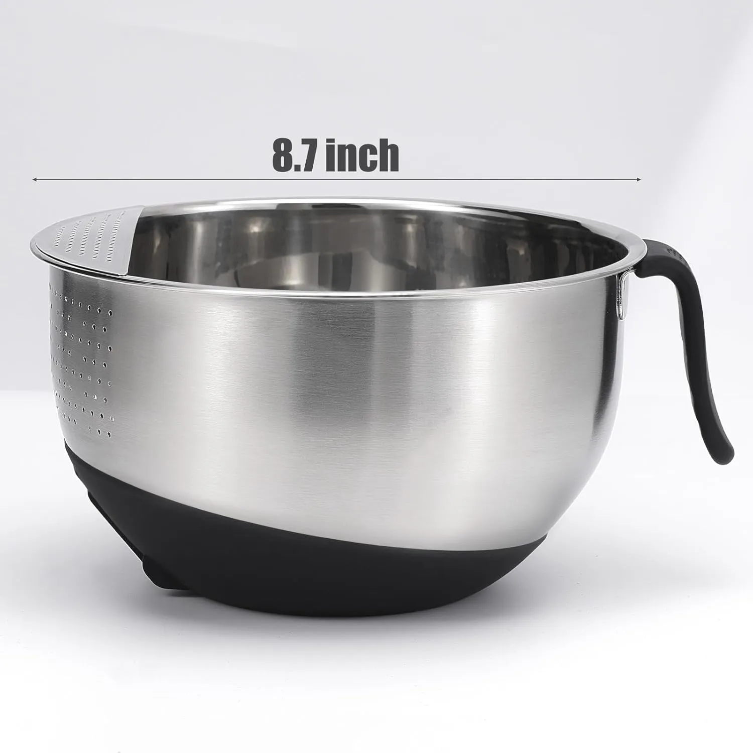 Rice Washer Strainer Bowl Quinoa Washing Bowl whit Handle Stainless Steel Colander Versatile Side Drainers for Cleaning Rinsing Fruits, Vegetables, and Beans - Tilting Non-slip Silicone Bottom