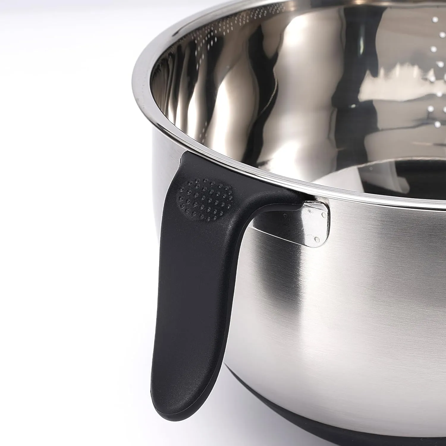 Rice Washer Strainer Bowl Quinoa Washing Bowl whit Handle Stainless Steel Colander Versatile Side Drainers for Cleaning Rinsing Fruits, Vegetables, and Beans - Tilting Non-slip Silicone Bottom