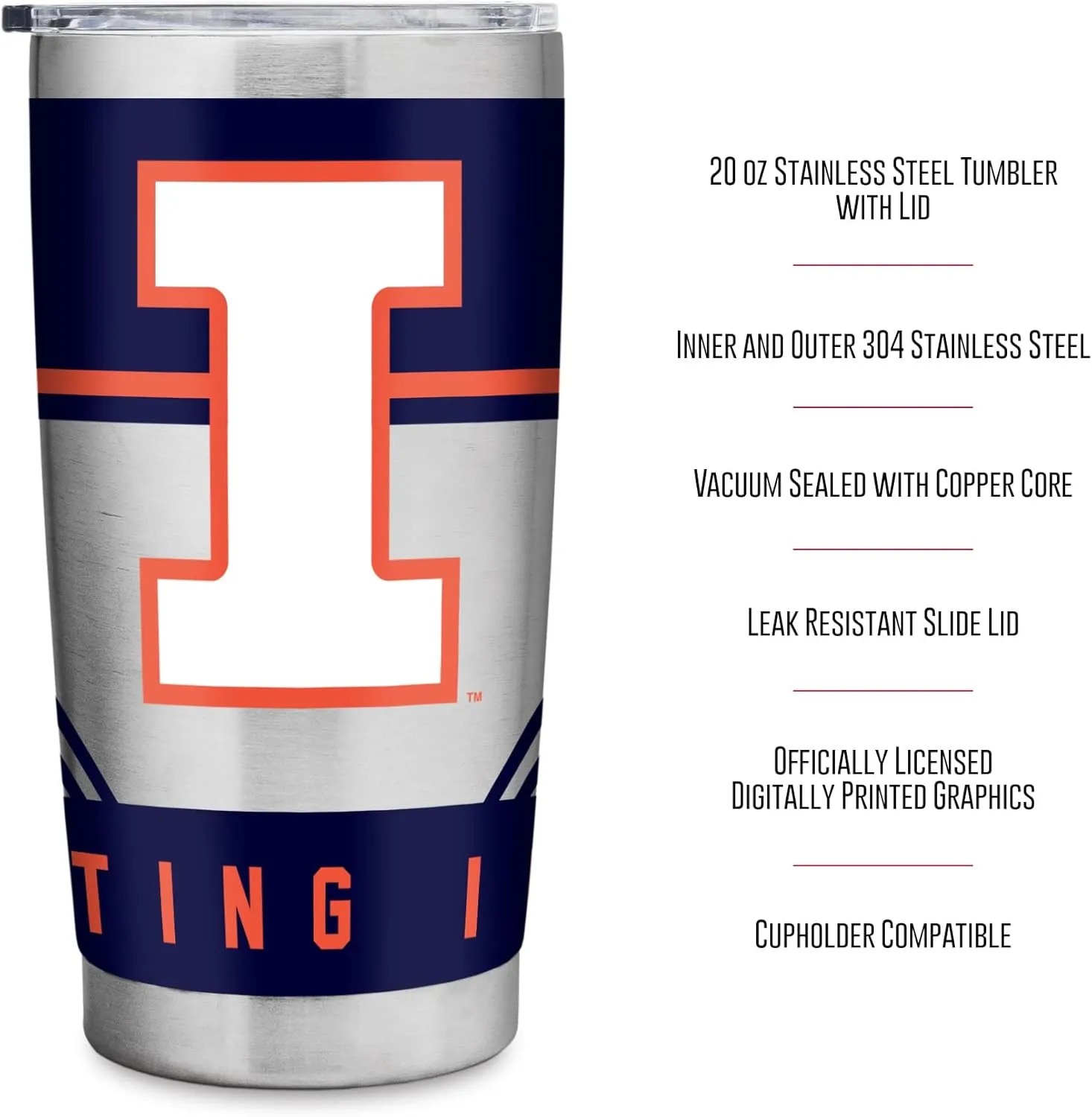 Rico Industries NCAA 20oz Stainless Steel Tumbler with Lid - Great For Coffee, Tea, Water or Cocktails